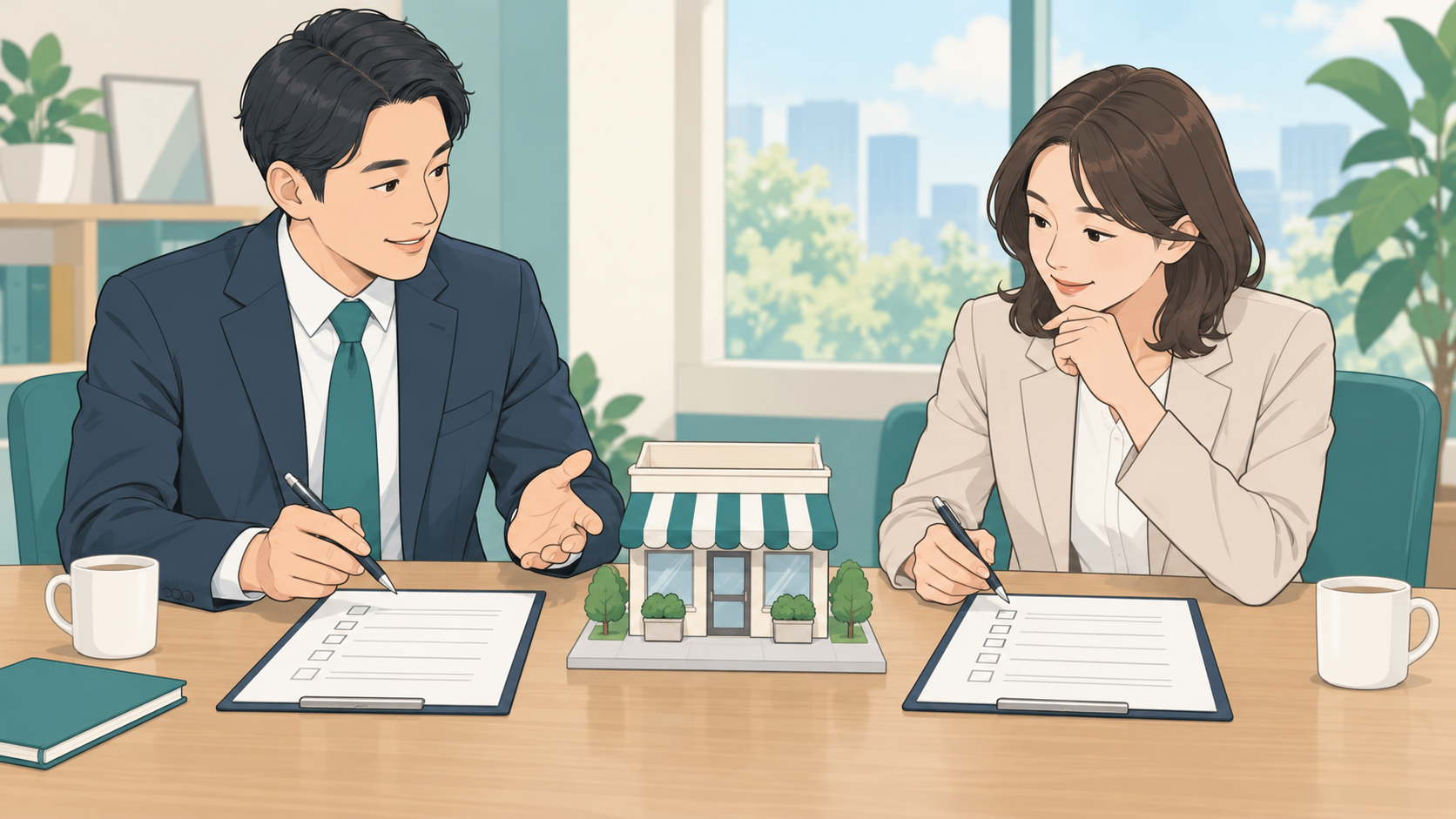 店舗模型と資料を前に話し合う二人のイラスト